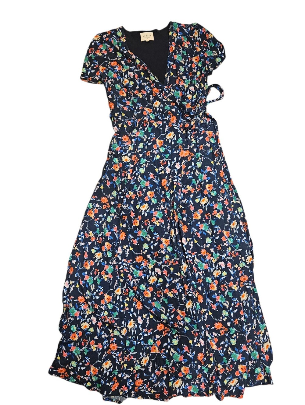 SEZANE Navy Blue Floral Short Sleeve Wrap Maxi Dress FR 36 US 4